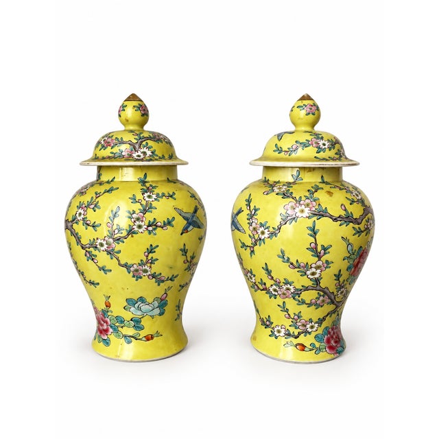 Mid 20th Century Pair of Nippon-Marked Yellow Bird and Floral Porcelain Ginger Jars For Sale - Image 4 of 9