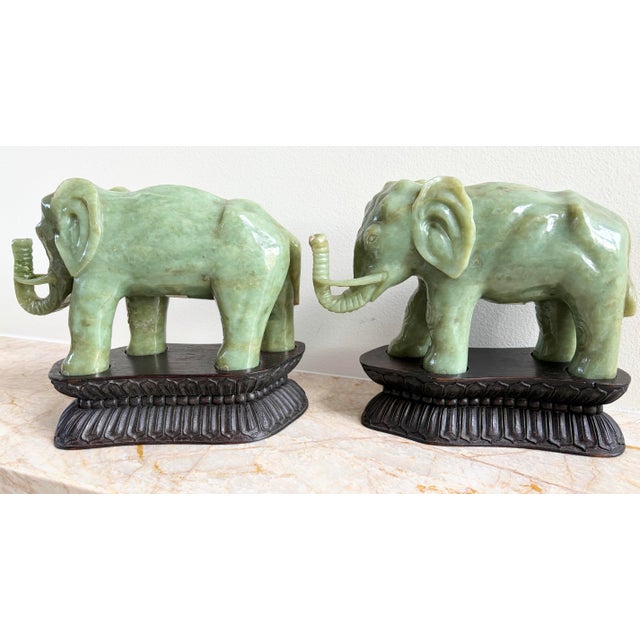 Antique Chinese Heavy Jadeite Jade Elephant Pair W/ Custom Stands 1920 For Sale In Los Angeles - Image 6 of 11