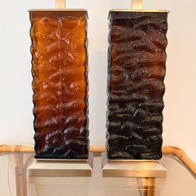 Cinnamon Amber-Brown Textured Wavy Glass Table Lamps in the Mid-Century Modern Taste - A Pair For Sale - Image 8 of 9
