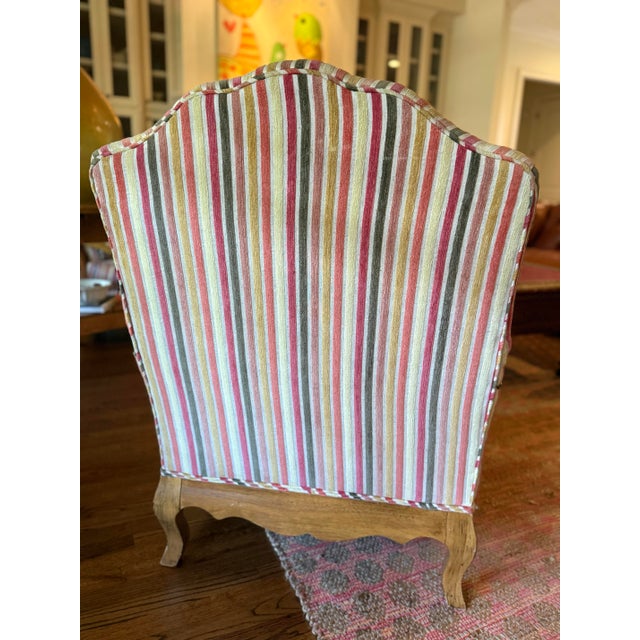 Wood Pair of French Country Louis XV Style Bergère Lounge Chairs in Custom Multi-Stripe Upholstery For Sale - Image 7 of 8