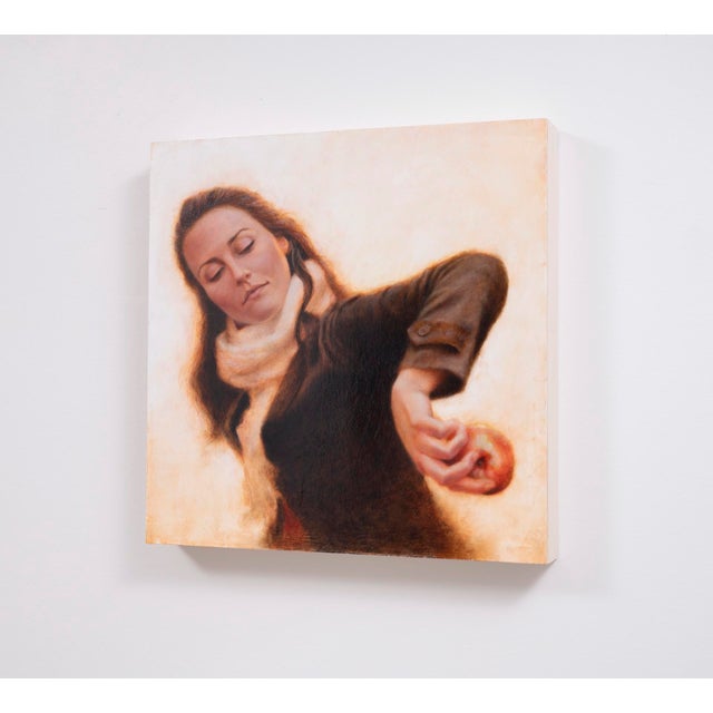 Contemporary A Mirror to Presence by Ken Cunningham | Oil on cradled panel Woman holding an apple. For Sale - Image 3 of 3