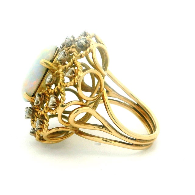 Vintage Italian Opal & Diamond Cocktail Ring | 14k Gold Mid-Century Statement, Size 6 For Sale - Image 9 of 16