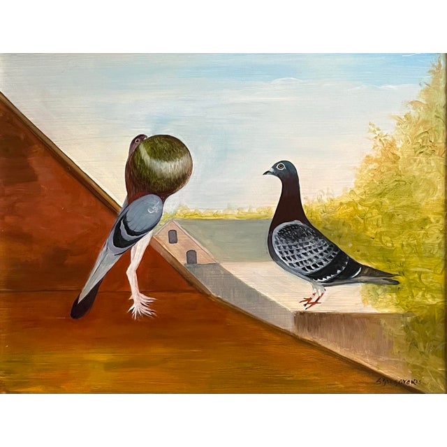 Oil painting on board of a Pouter Pigeon in courtship with a hen doing its traditional strutting and bowing dance. Signed...