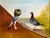 Oil painting on board of a Pouter Pigeon in courtship with a hen doing its traditional strutting and bowing dance. Signed...