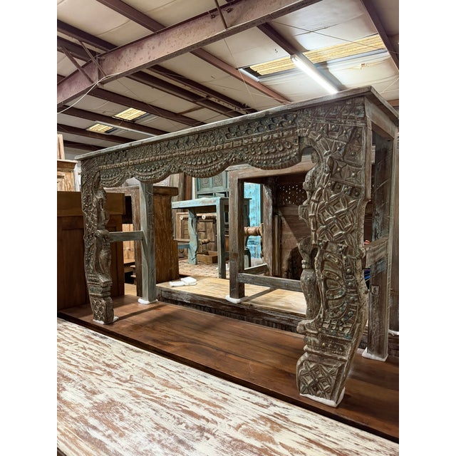 Mid-Century Modern Antique Hand-Carved Wood Console Table With Brass Stud Detailing – Ornate Entryway Accent For Sale - Image 3 of 5