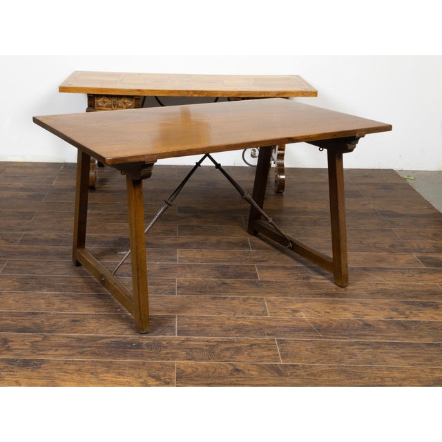 French 19th Century Walnut Console Table with Trestle Base and Iron Stretchers For Sale In Atlanta - Image 6 of 12