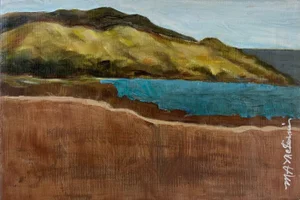“Within Reach" Contemporary Impressionist Landscape/Waterscape With California Hills in Green, Blue by Mill Valley Artist Mary Anne McKernie