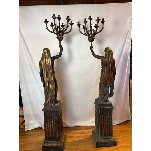 Beaux-Arts Monumental Pair of Toussaint Figural Candelabras in Patinated Bronze For Sale - Image 3 of 17
