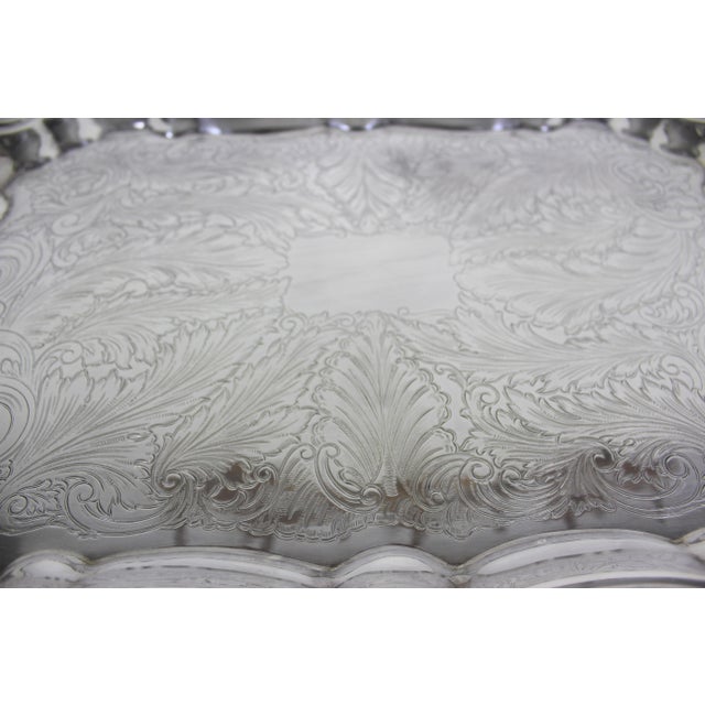 Extra Large Butler’s Tray Silver Plated Rectangular Platter Vintage Plate Ornate Floral Handles Embossed Acanthus Leaf Serving For Sale - Image 6 of 17