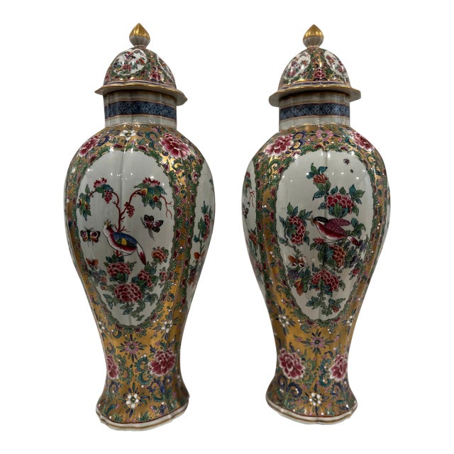 Pair, Samson French Porcelain Famille Rose Medallion Pallet Porcelain Urns For Sale