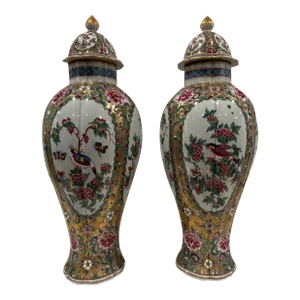 Pair, Samson French Porcelain Famille Rose Medallion Pallet Porcelain Urns