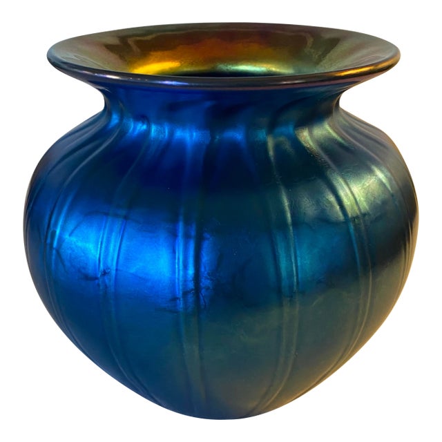 Iridescent Blue Ribbed Art Glass Vase For Sale