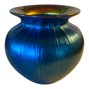 Iridescent Blue Ribbed Art Glass Vase