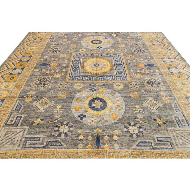 Modern Khotan Style Handmade Wool Rug - Slate Grey & Ochre Geometric Design For Sale - Image 10 of 10