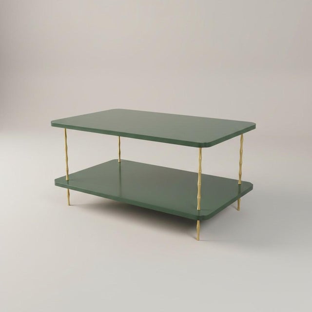 Contemporary Handcrafted Satin Marthas Vineyard Painted Two-Layer Coffee Table With Brass Bamboo Legs For Sale - Image 3 of 5