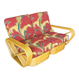 1950s Restored 5-Strand Square Pretzel Rattan Settee With Barkcloth Cushions
