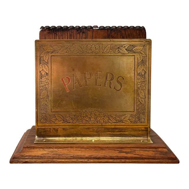 Antique English Oak and Brass Paper Rack For Sale