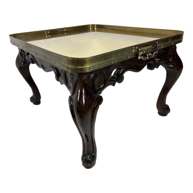 Vintage Hand Carved Pine and Brass Galley Tray Side Table For Sale