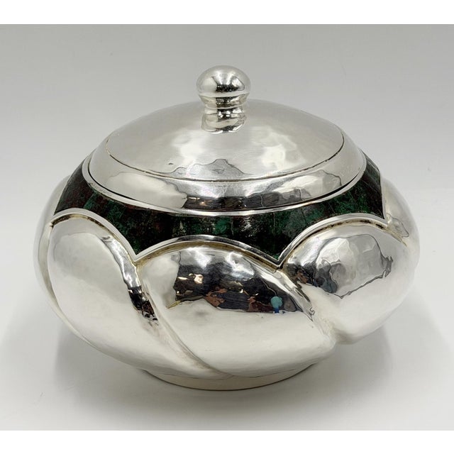Mexican 1960s Los Castillo Taxco Silver Plate & Malachite Lidded Bowl, Mexican Modernism For Sale - Image 3 of 18