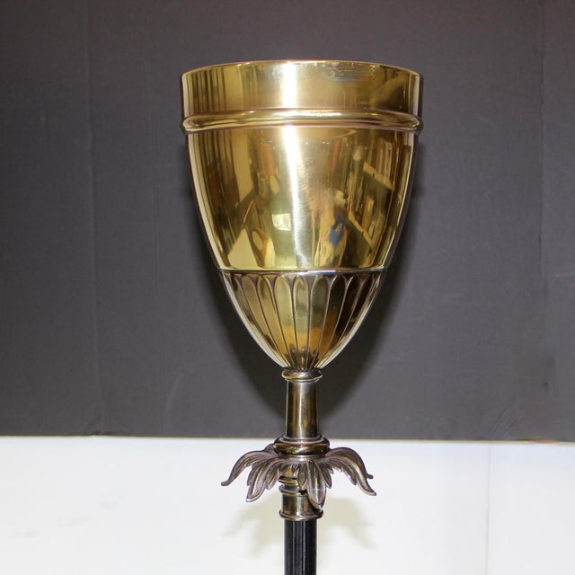 Nice detailing on this brass chalice floor lamp with an acanthus leaf collar atop a black ribbed center post. Acanthus...