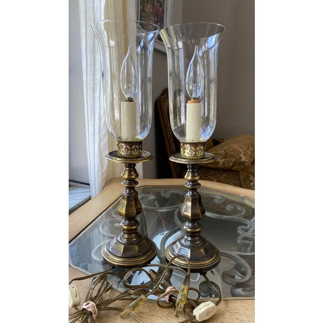 1990s 1990s Heirloom Heavy Casted Brass and Glass Hurricane Table Sconce Vintage - Pair For Sale - Image 5 of 10