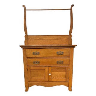 Antique Oak Washstand Cabinet | Early 1900s Colonial Revival Dry Sink | Solid Oak Bathroom or Entryway Storage | Antique Small Wood Cabinet For Sale
