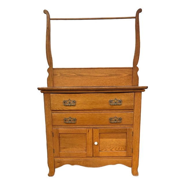 Antique Oak Washstand Cabinet | Early 1900s Colonial Revival Dry Sink | Solid Oak Bathroom or Entryway Storage | Antique Small Wood Cabinet For Sale