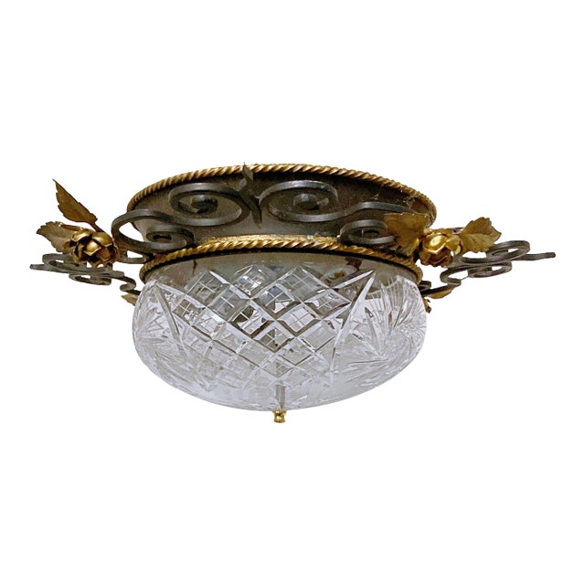 Italian Iron Fram Flush Mount Glass Light Fixture For Sale