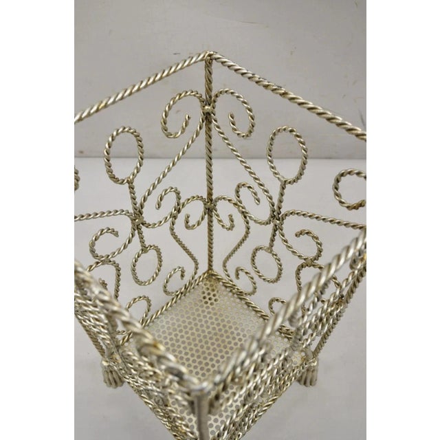 Metal Vintage Italian Hollywood Regency Silver Iron Tassel Wastebasket Trashcan For Sale - Image 7 of 10