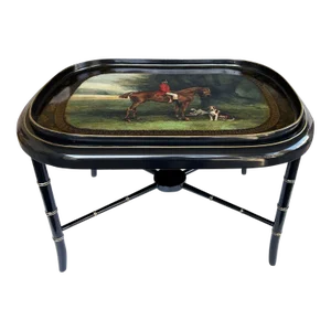Late 19th Century English Regency Style Hand-Painted Wooden Hunting Tray on Stand