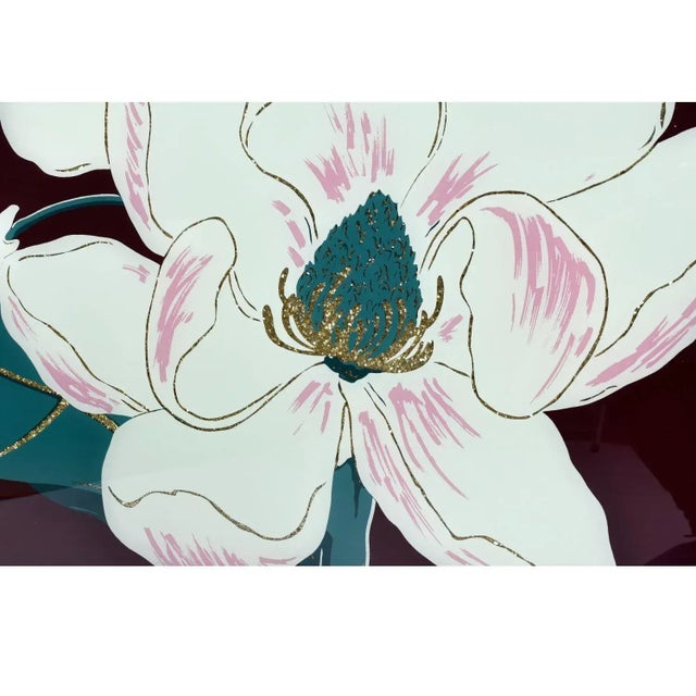 Vintage 1980s Large Scale Magnolia Floral Wall Art White Mauve Green and Gold Glitter For Sale - Image 6 of 8