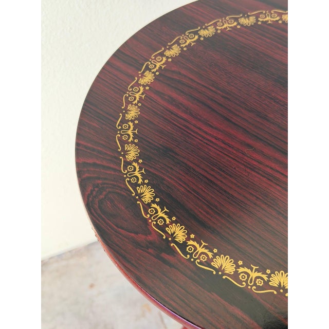 Mid-Century Modern Vintage Danish Rosewood Pedestal Side Table With Gold Inlay – Round Accent Table For Sale - Image 3 of 8
