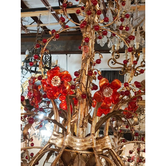 1940s French Gilt Metal Floral Chandelier With Red Glass Berry Accents, Marseille For Sale - Image 4 of 6