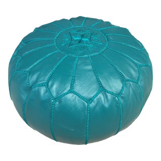 Moroccan Teal Leather Hand - Made Pouf For Sale