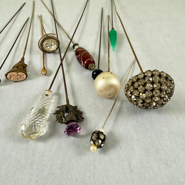 Metal Antique Ladies Hat Pins Collection, Brass & Glass, 1900-1920 For Sale - Image 7 of 12