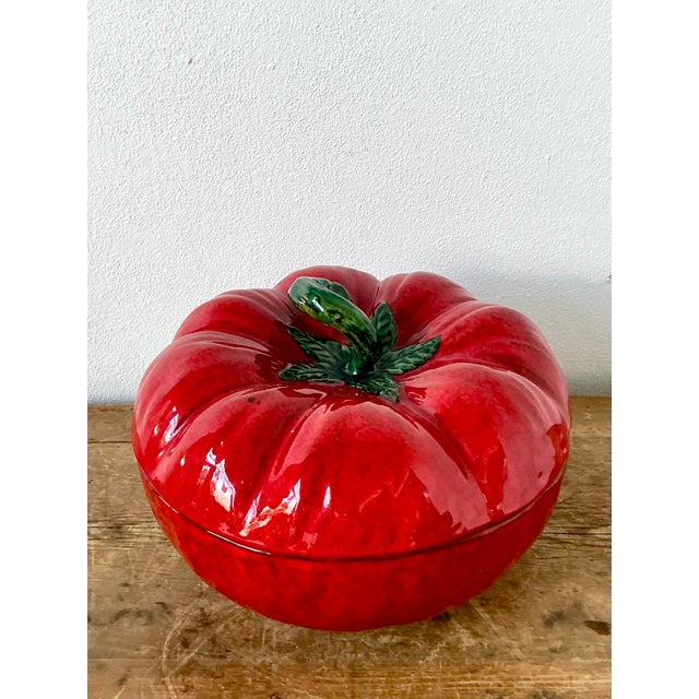 Mid-Century Modern Vintage 1960s Italian Glazed Ceramic Tomato Tureen For Sale - Image 3 of 10