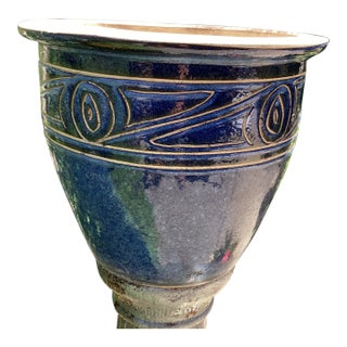 Mediterranean Style Large Pottery Studio Cobalt Blue Glazed Ceramic Planter W/Incised Tan Scroll For Sale