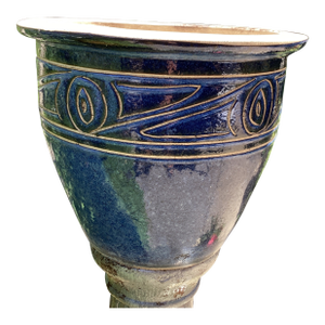 Mediterranean Style Large Pottery Studio Cobalt Blue Glazed Ceramic Planter W/Incised Tan Scroll