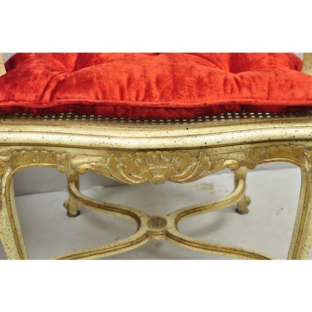 Vintage French Louis XV Style Cream Painted Carved Wood Cane Arm Chairs - A Pair For Sale - Image 11 of 18