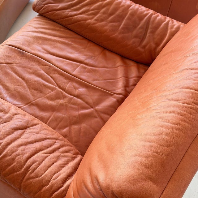 Orange 1980s German Orange Leather Lounge Chairs + Ottoman by Dreipunkt For Sale - Image 8 of 11