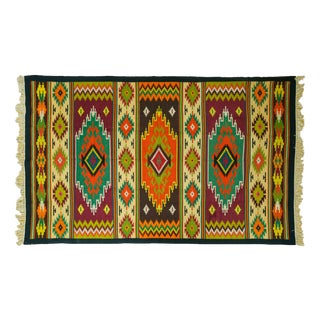 Vintage Romanian Handwoven Wool Flatweave Rug with Geometric Striped Bands, Diamond Medallions and Fringes, 1970s For Sale