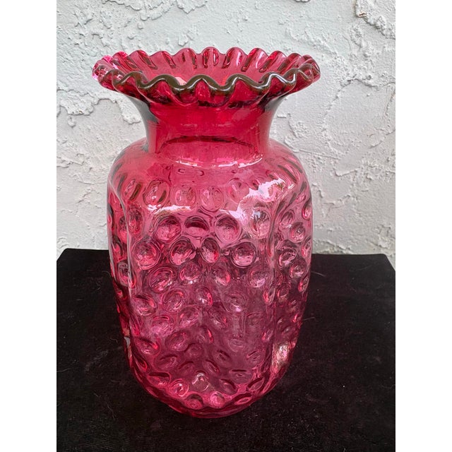 Mid-Century Modern Vintage Fenton Cranberry Pinch Coin Dot Overlay Art Glass Vase With Ruffled Rim – 8.25” For Sale - Image 3 of 11