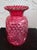 Mid-Century Modern Vintage Fenton Cranberry Pinch Coin Dot Overlay Art Glass Vase With Ruffled Rim – 8.25” For Sale - Image 3 of 11