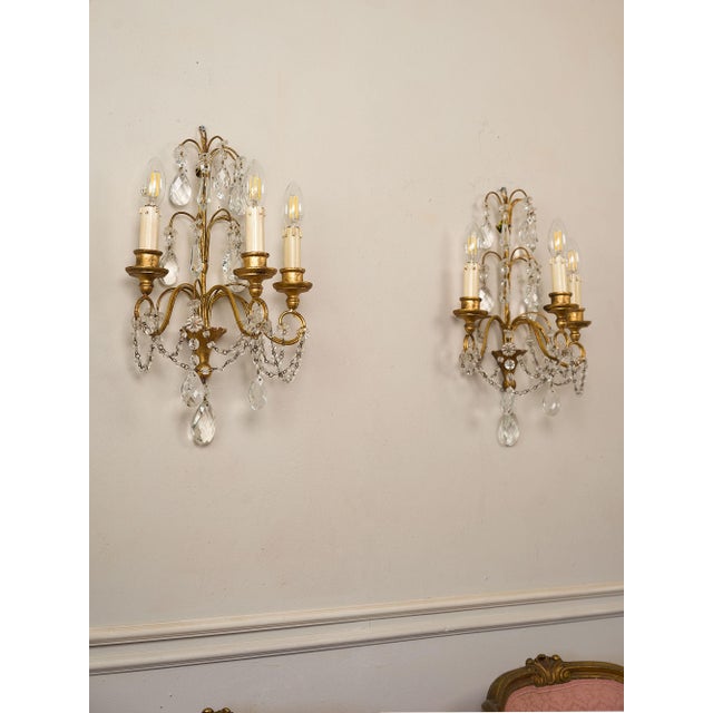 French-Style Wall Lamps with Cut Crystals, 1930s, Set of 2 For Sale - Image 3 of 14