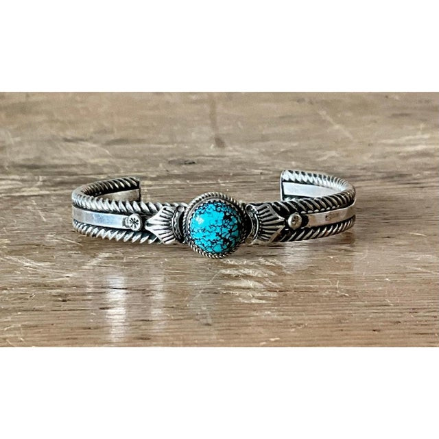 Turquoise Vintage Navajo Turquoise Sterling Silver Cuff For Sale - Image 8 of 12