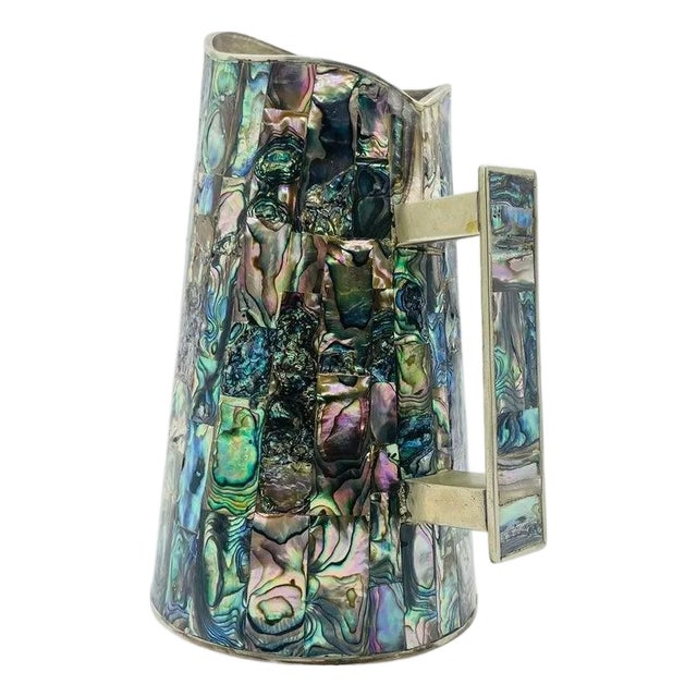1950s Mid-Century Modern Mexican Alpaca Silver and Abalone Inlay Water Pitcher For Sale