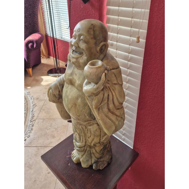 Asian Large Vintage Hand-Carved Green Soapstone Laughing Buddha Statue For Sale - Image 3 of 8