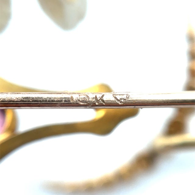 Metal Vintage Multi Gem Gold Flower Vase Brooch With Pearl, Opal, Citrine & Sapphire For Sale - Image 7 of 8