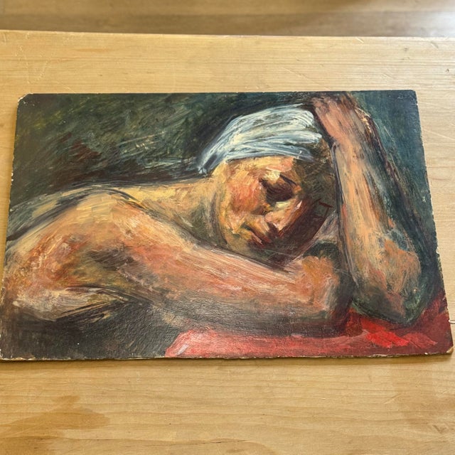 Figurative Vintage Mid-Century Figurative Oil Painting on Board | Woman in Thought For Sale - Image 3 of 7