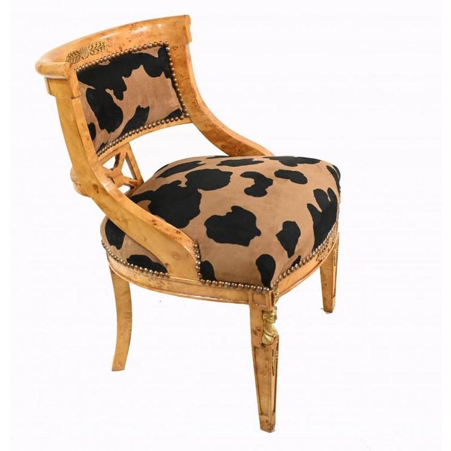 Single satinwood arm chair in the French Empire manner Hand crafted from satinwood with ormolu fixtures Funky leopard...